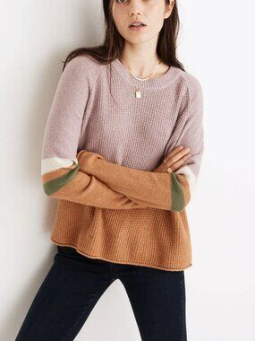 Madewell‎ Striped Roll-Trim Waffle Pullover Sweater in Cotton-Merino Yarn